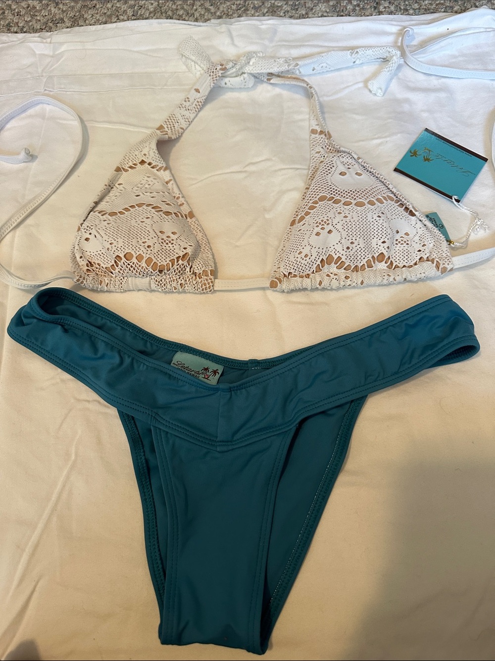 Unknown Brand White Crochet Triangle Bikini Top with Teal Swim Bottom
